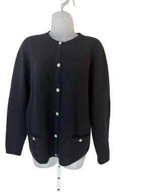 Vintage Adrienne Vittadini Black Cashmere Cardigan Fancy Buttons Large